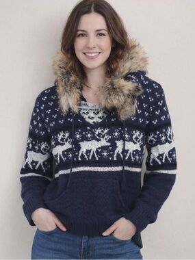 ROOMMATES Navy Blue & White Reindeer Knit Sweater with Faux Fur Trim Hood M NWOT